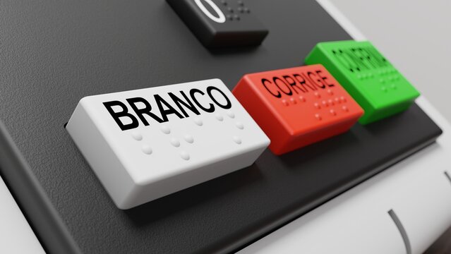 Renderiza&ccedil;&atilde;o 3d de bot&atilde;o de voto nulo branco de urna eletr&ocirc;nica usada no Brasil, escrito em portugu&ecirc;s "branco" e escrito nos bot&otilde;es ao lado de "corrige" e "confirma", com braile, voto nulo