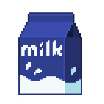 An 8-bit retro-styled pixel-art illustration of a dark blue milk carton.