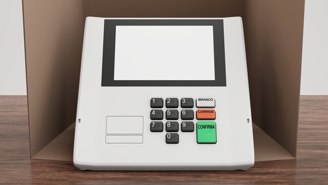 Renderiza&ccedil;&atilde;o 3D da nova urna eletr&ocirc;nica brasileira em cabine de vota&ccedil;&atilde;o de papel&atilde;o em mesa de madeira, com tela branca e escrito em portugu&ecirc;s nos bot&otilde;es: "branco", "corrige" e "confirma".