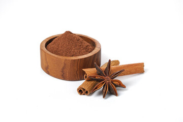 star anise and cinnamon powder  isolated on white background