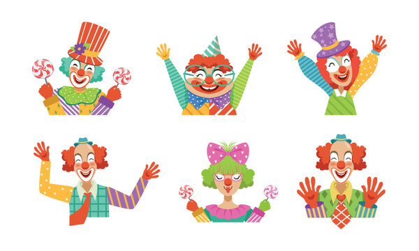 Funny Clown with Makeup-face and Flamboyant Costume Performing Comedy Vector Set