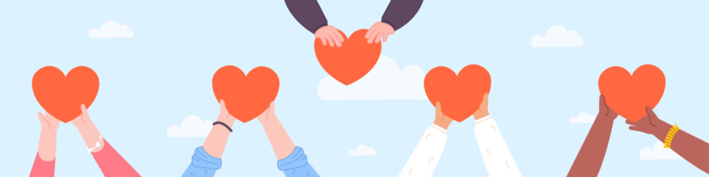 Generosity hands giving heart. Social unity symbol, charity projects positive team compassion and benevolence, make kindness peace foundation money donation, vector illustration