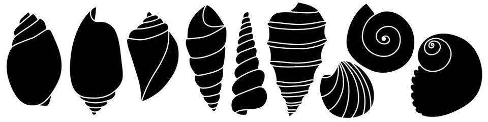 Set of line art sketch seashells. Vector illustration isolated from background. Decoration symbol of health calcium. Different shapes of shells. Sea ocean icon. Sand and beach design.
