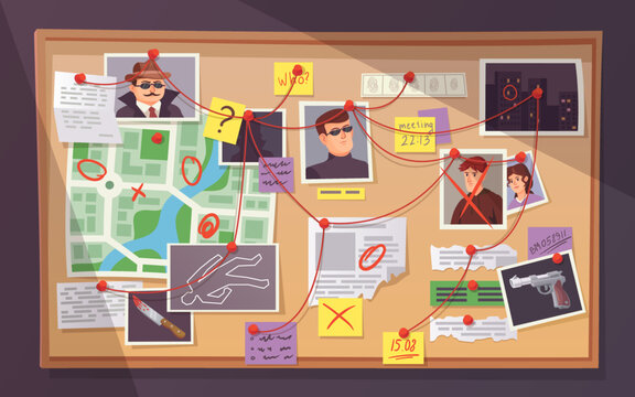 Detective board. Pinboard crime investigation map, pins threads wall criminal police clues evidence laboratory newspaper note private investigator, ingenious vector illustration