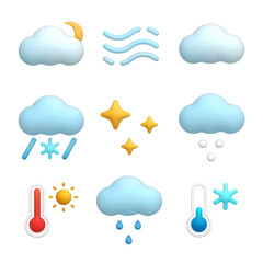 Obraz premium Set of nine vector 3d icons. Moon, smog, fog, humidity, cloud, snow with rain, stars, hail, thermometer, hot, rain, cold. Isolated objects on a white background. eps10 vector