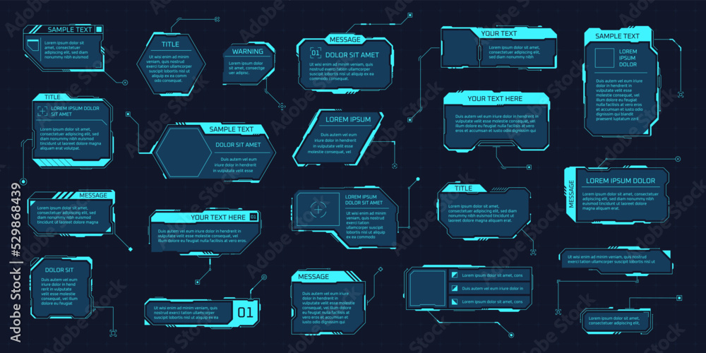 Poster hud callout boxes. futuristic space display information layout, digital info frame element for text 