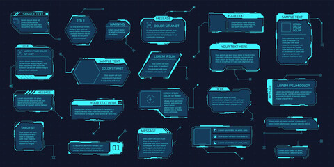 Hud callout boxes. Futuristic space display information layout, digital info frame element for text title, cyber call video screens high tech infographic garish vector illustration