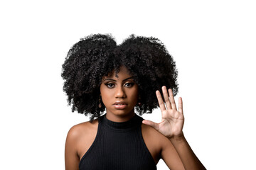 black woman makes gesture with open hand, denounces assault, moral harassment, cowardice, violence against women - obrazy, fototapety, plakaty