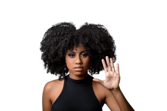 black woman makes gesture with open hand, denounces assault, moral harassment, cowardice, violence against women