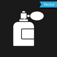 White Aftershave bottle with atomizer icon isolated on black background. Cologne spray icon. Male perfume bottle. Vector Illustration