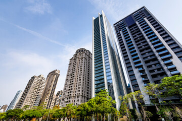 Low angle view of the modern architectural landscape in Taichung, Taiwan.