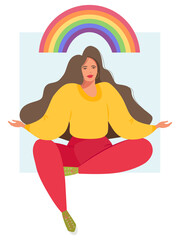 A beautiful and happy woman sits in the lotus position and opens her hands to the rainbow.