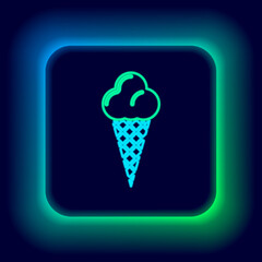 Glowing neon line Ice cream in waffle cone icon isolated on black background. Sweet symbol. Colorful outline concept. Vector