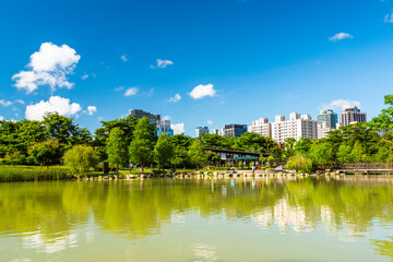 Beautiful view of the artificial lake in Aozihdi Forest Park, Kaohsiung, Taiwan.