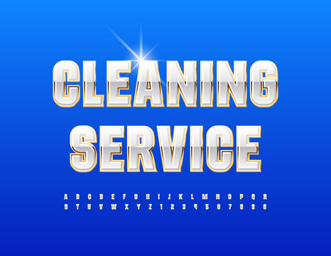 Vector business logo Cleaning Service.  White and Gold glossy Font. Elite Alphabet Letters and Numbers