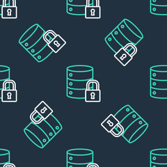 Line Server security with closed padlock icon isolated seamless pattern on black background. Security, safety, protection concept. Vector