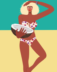 Vector summer illustration of a girl in a swimsuit and half a coconut in her hand, summer vibes, summer party, vacation mood.