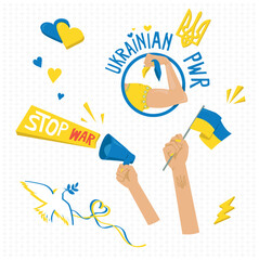 Flying bird as a symbol of peace. Support Ukraine. No war. Vector illustration. Ukraine or Ukraine banner Ukrainian flag. Blue and yellow color theme. Power, strong. Stop war. 