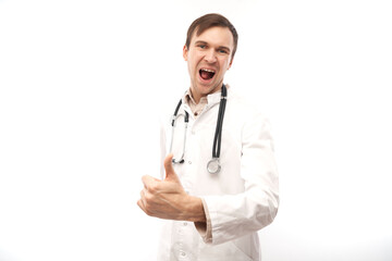 Fototapeta premium Portrait of happy doctor in white medical coat showing gesture all is well isolated on white background with copy space