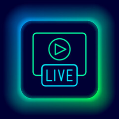 Glowing neon line Live streaming online videogame play icon isolated on black background. Colorful outline concept. Vector