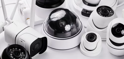 Surveillance cameras, set of different videcam, cctv cameras isolated on white background close up. home security system concept © amixstudio