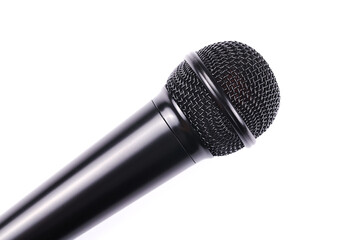 Black microphone isolated on white background close up