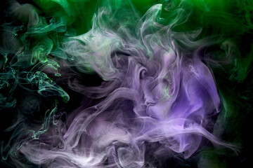 Green purple smoke abstract background, acrylic paint underwater explosion