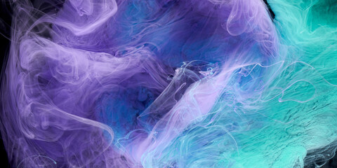 Fototapeta na wymiar Green purple smoke abstract background, acrylic paint underwater explosion