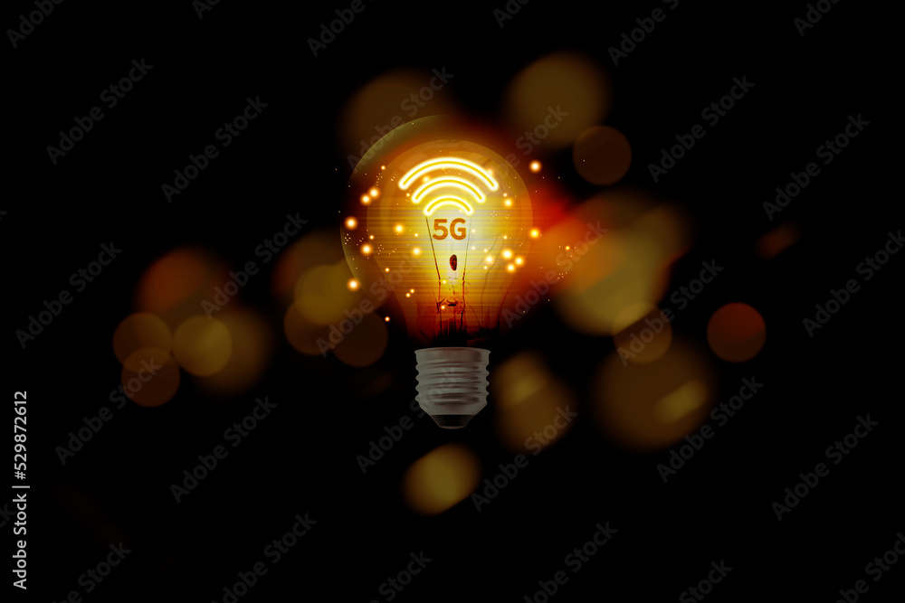 Poster light bulb on dark with bokeh background. icon wireless local area network 5g network connection tec