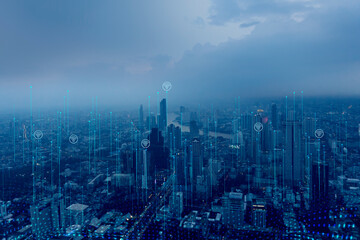 5G network connection technology and smart city concept. Aesthetic intricate wave line design banner template background