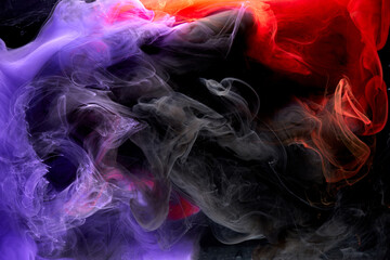 Blue red colorful smoke abstract background, acrylic paint underwater explosion