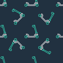 Line Roller scooter for children icon isolated seamless pattern on black background. Kick scooter or balance bike. Vector