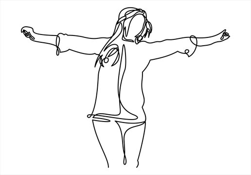 A young girl raised her hands up.continuous line.