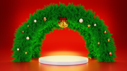 3D Rendering design. Christmas, Product podium display, stage pedestal or platform with snowflakes, balls and gold ribbon.