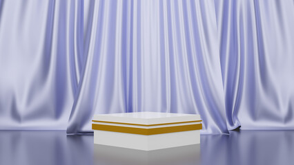 3D rendering of Product podium display, stage pedestal or platform with purple curtain background.