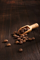 Spoon of coffee beans on wooden background