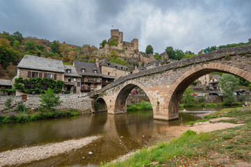 Belcastel medieval castle and town in the south of France, Aveyron Occitania, view of the antique...