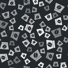 Grey Bag of coffee beans icon isolated seamless pattern on black background. Vector