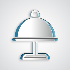 Paper cut Covered with a tray of food icon isolated on grey background. Tray and lid. Restaurant cloche with lid. Kitchenware symbol. Paper art style. Vector