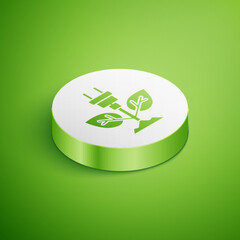 Isometric Electric saving plug in leaf icon isolated on green background. Save energy electricity. Environmental protection. Bio energy. White circle button. Vector