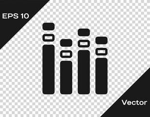 Black Music equalizer icon isolated on transparent background. Sound wave. Audio digital equalizer technology, console panel, pulse musical. Vector