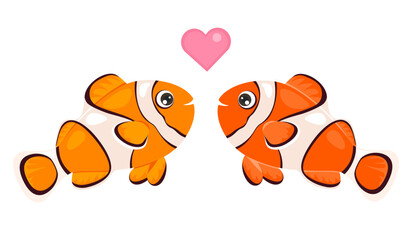 Couple clownfish with heart isolated on white. Cute cartoon vector funny sea animal. Flat icon.	