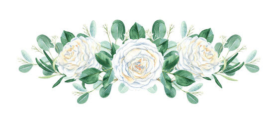 Watercolor rustic wedding garland bouquet isolated on white background. Creamy white roses buttons, leaves, eucalyptus and olives branches. Hand drawn botanical illustration. Can be used for wedding