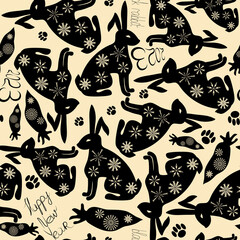 The symbol of 2023 is a black rabbit a seamless pattern without a background