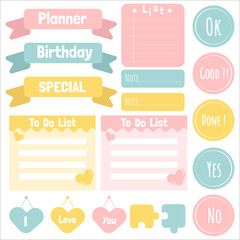 Cute paper notes. Stationary set. Scrapbook notes and cards.Printable planner stickers. To Do List note. Template for your message. Decorative planning element. Vector illustration.