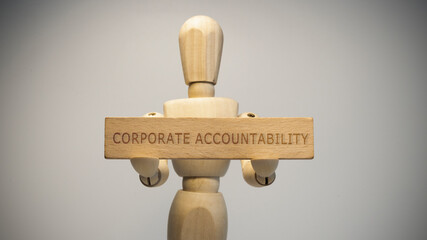 Wooden man holding corporate accountability signboard written on it. Social issues.