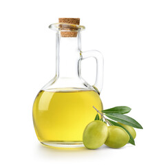 Virgin olive oil with fresh fruits isolated on white background.