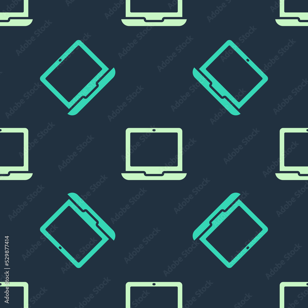 Poster green and beige laptop icon isolated seamless pattern on blue background. computer notebook with emp