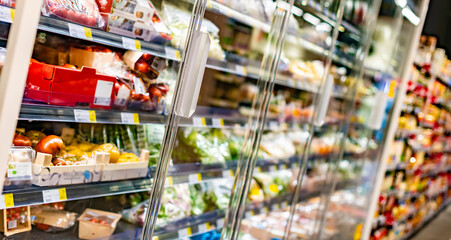 Food products displayed in a commercial refrigerator