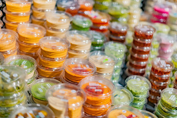 Prepackaged food products put up for sale in a supermarket
